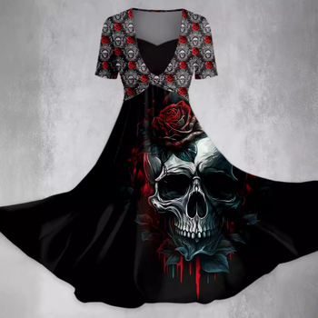 Флорална рокля в А-линеен силует, къси ръкави, пуловер стил, изглед на две части, полиестерова материя