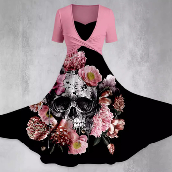 Флорална рокля в А-линеен силует, къси ръкави, пуловер стил, изглед на две части, полиестерова материя