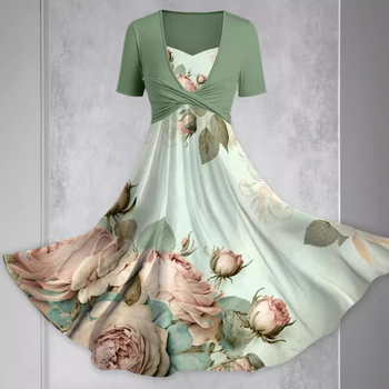 Флорална рокля в А-линеен силует, къси ръкави, пуловер стил, изглед на две части, полиестерова материя