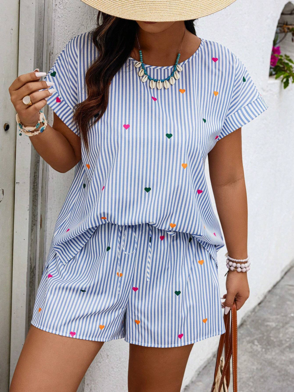 Set din două piese cu print 3D, poliester, primăvara 2025, stil japonez-coreean pentru relaxare