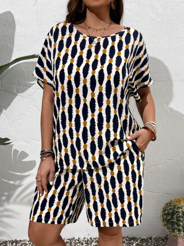 Set din două piese cu print 3D, poliester, primăvara 2025, stil japonez-coreean pentru relaxare