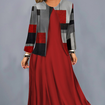 Дамски комплект рокля от две части, полиестер, дълга пола, кръгло деколте, 3/4 ръкави, пролет 2024