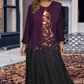 Дамски комплект рокля от две части, полиестер, дълга пола, кръгло деколте, 3/4 ръкави, пролет 2024