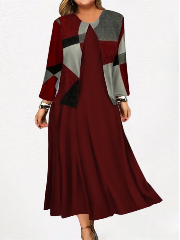 Női kétdarabos ruhaszett, poliészter, hosszú szoknya, kerek nyakú, 3/4-es ujjú, 2024 tavasz