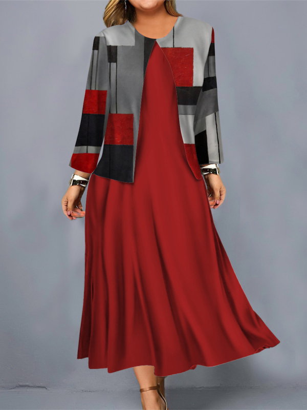 Női kétdarabos ruhaszett, poliészter, hosszú szoknya, kerek nyakú, 3/4-es ujjú, 2024 tavasz