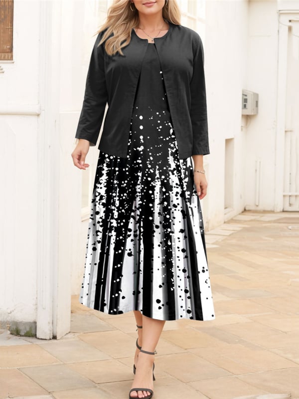 Női kétdarabos ruhaszett, poliészter, hosszú szoknya, kerek nyakú, 3/4-es ujjú, 2024 tavasz