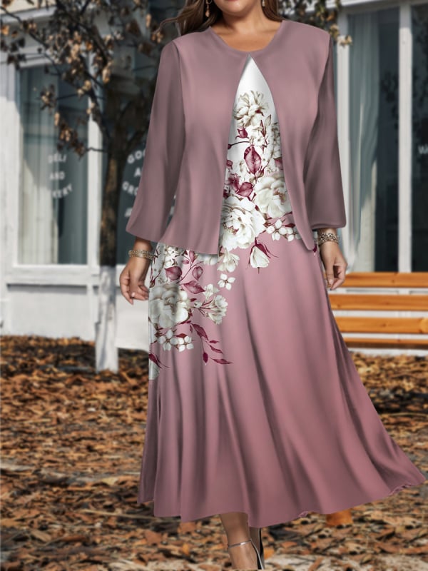 Női kétdarabos ruhaszett, poliészter, hosszú szoknya, kerek nyakú, 3/4-es ujjú, 2024 tavasz