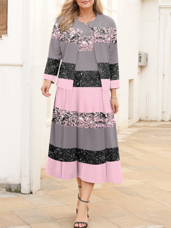 Női kétdarabos ruhaszett, poliészter, hosszú szoknya, kerek nyakú, 3/4-es ujjú, 2024 tavasz