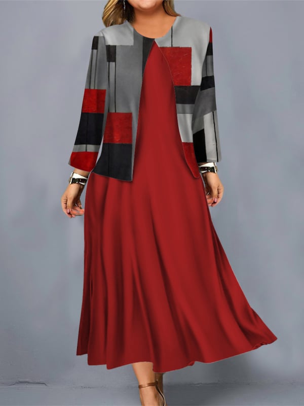 Női kétdarabos ruhaszett, poliészter, hosszú szoknya, kerek nyakú, 3/4-es ujjú, 2024 tavasz