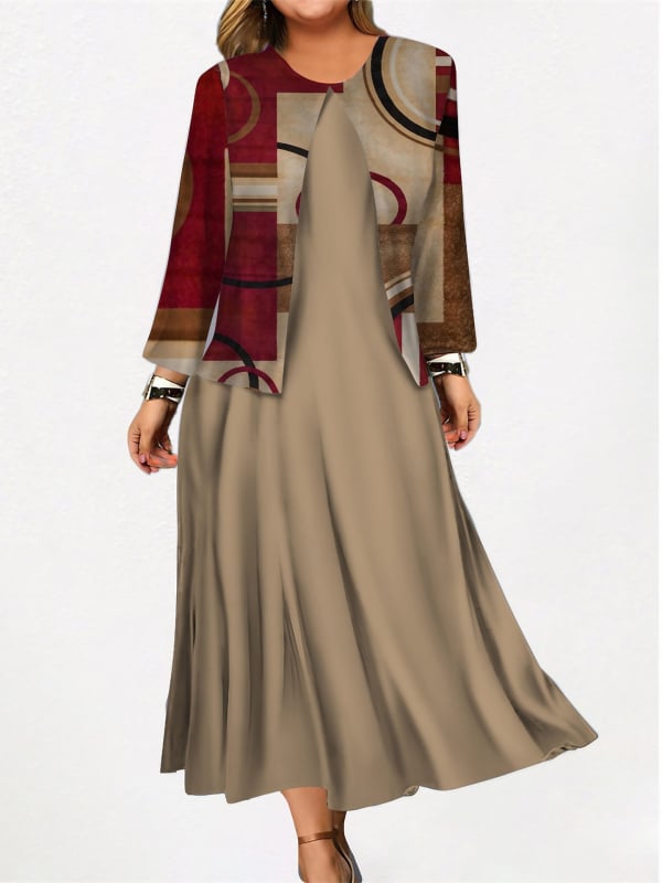 Női kétdarabos ruhaszett, poliészter, hosszú szoknya, kerek nyakú, 3/4-es ujjú, 2024 tavasz