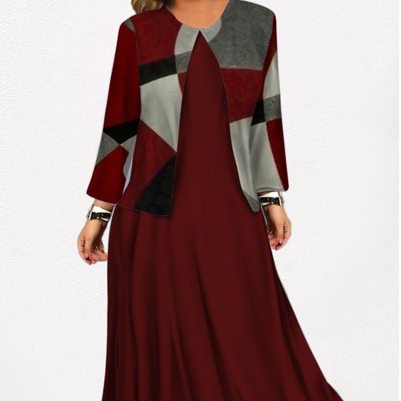 Női kétdarabos ruhaszett, poliészter, hosszú szoknya, kerek nyakú, 3/4-es ujjú, 2024 tavasz