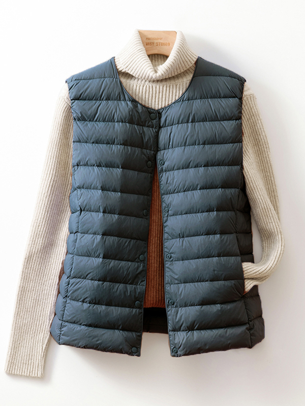 Жилетка с пух за жени, тънък нейлонов плат, пух от патица, без яка, къса дължина