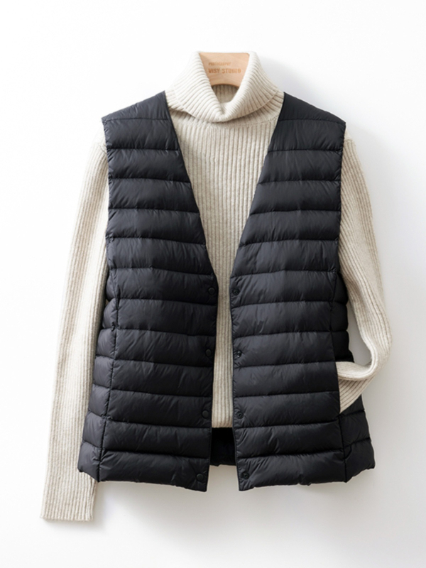 Жилетка с пух за жени, тънък нейлонов плат, пух от патица, без яка, къса дължина