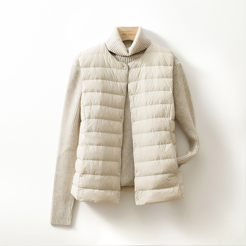 Жилетка с пух за жени, тънък нейлонов плат, пух от патица, без яка, къса дължина