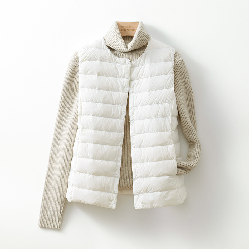 Жилетка с пух за жени, тънък нейлонов плат, пух от патица, без яка, къса дължина
