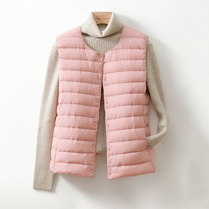 Жилетка с пух за жени, тънък нейлонов плат, пух от патица, без яка, къса дължина