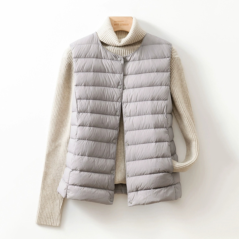 Жилетка с пух за жени, тънък нейлонов плат, пух от патица, без яка, къса дължина