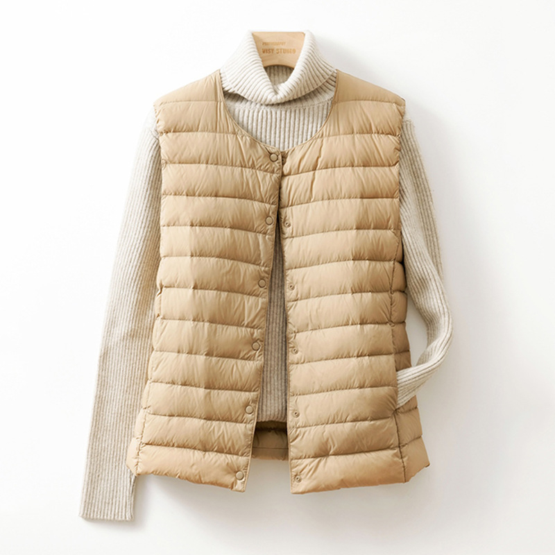 Жилетка с пух за жени, тънък нейлонов плат, пух от патица, без яка, къса дължина