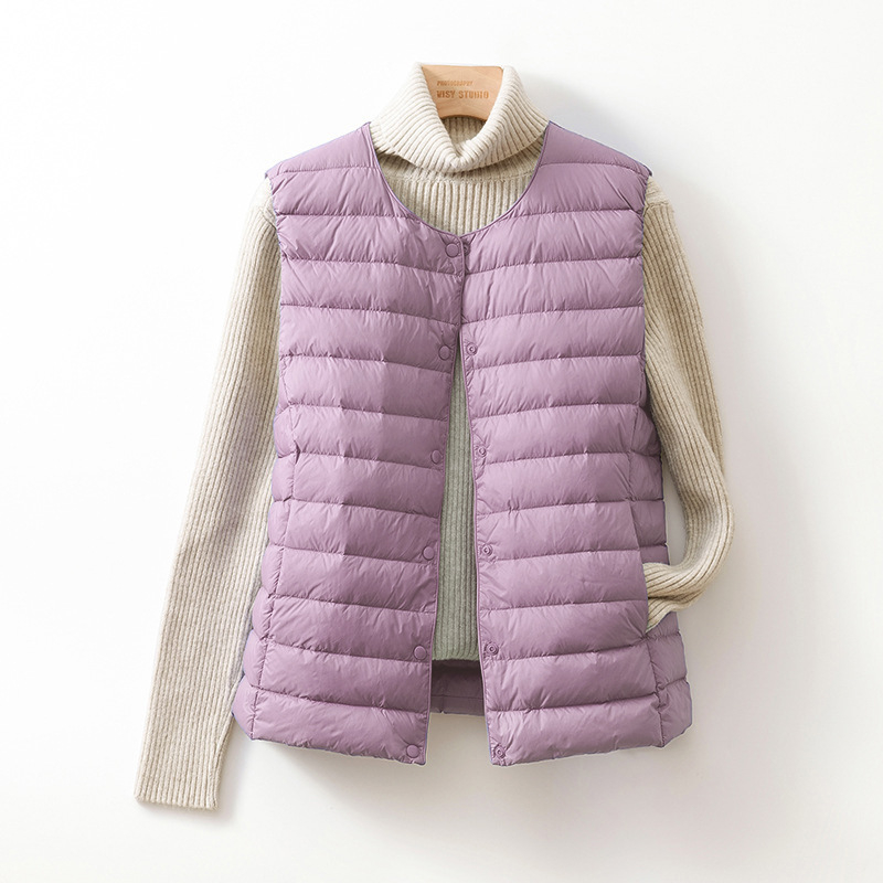 Жилетка с пух за жени, тънък нейлонов плат, пух от патица, без яка, къса дължина