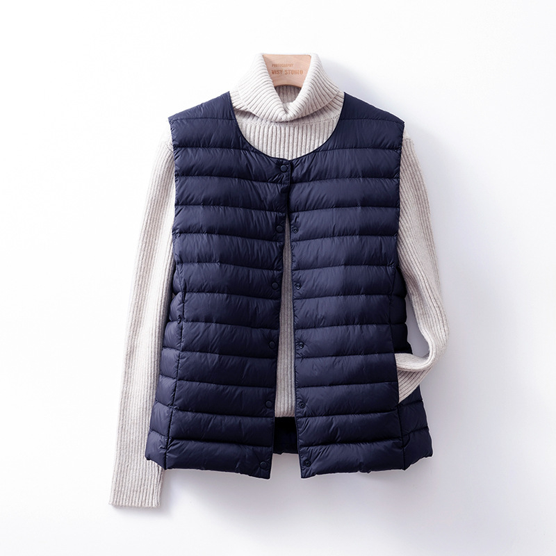 Жилетка с пух за жени, тънък нейлонов плат, пух от патица, без яка, къса дължина