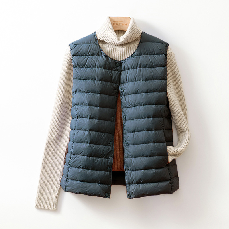 Жилетка с пух за жени, тънък нейлонов плат, пух от патица, без яка, къса дължина