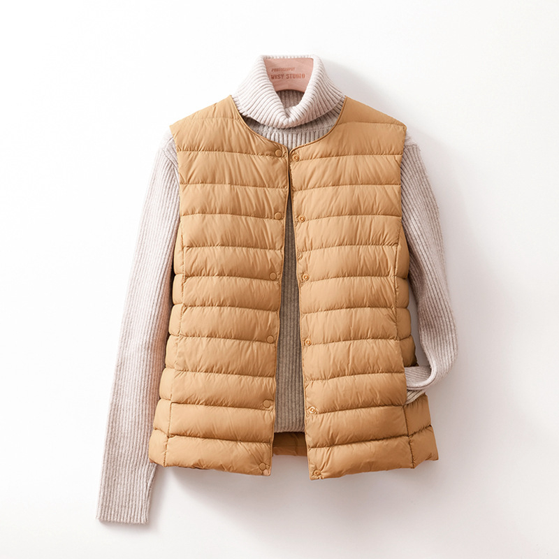 Жилетка с пух за жени, тънък нейлонов плат, пух от патица, без яка, къса дължина