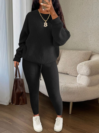 Costum tricotat pentru femei cu pantaloni, model solid, modelare la temperaturi înalte, țesătură nylon, 90–95% poliester, primăvara 2025