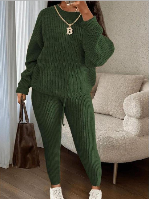 Costum tricotat pentru femei cu pantaloni, model solid, modelare la temperaturi înalte, țesătură nylon, 90–95% poliester, primăvara 2025