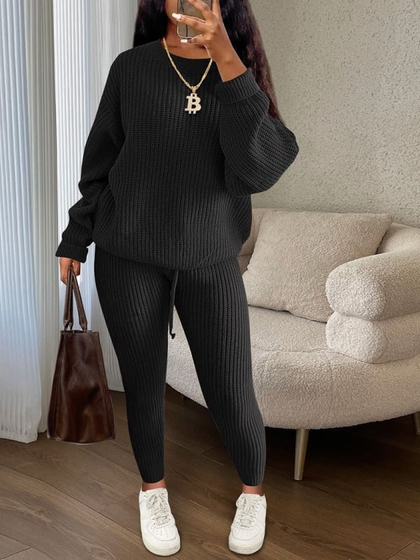 Costum tricotat pentru femei cu pantaloni, model solid, modelare la temperaturi înalte, țesătură nylon, 90–95% poliester, primăvara 2025
