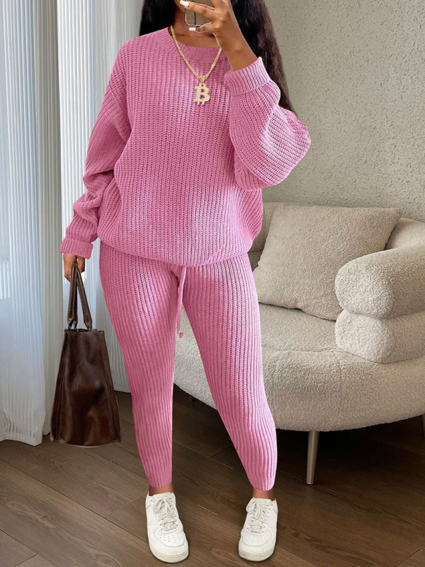 Costum tricotat pentru femei cu pantaloni, model solid, modelare la temperaturi înalte, țesătură nylon, 90–95% poliester, primăvara 2025