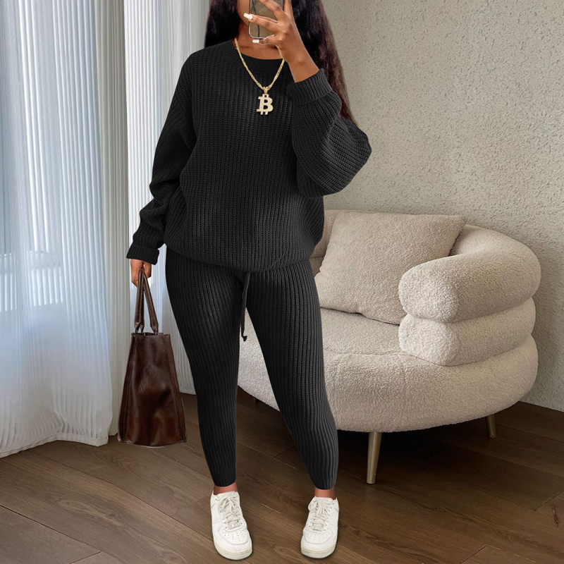 Costum tricotat pentru femei cu pantaloni, model solid, modelare la temperaturi înalte, țesătură nylon, 90–95% poliester, primăvara 2025