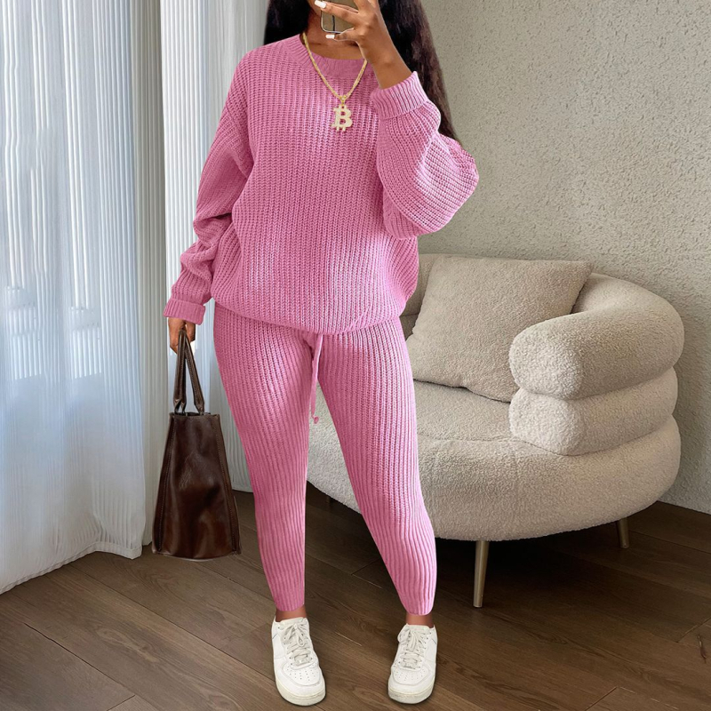 Costum tricotat pentru femei cu pantaloni, model solid, modelare la temperaturi înalte, țesătură nylon, 90–95% poliester, primăvara 2025