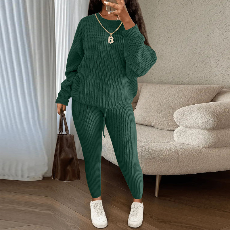 Costum tricotat pentru femei cu pantaloni, model solid, modelare la temperaturi înalte, țesătură nylon, 90–95% poliester, primăvara 2025