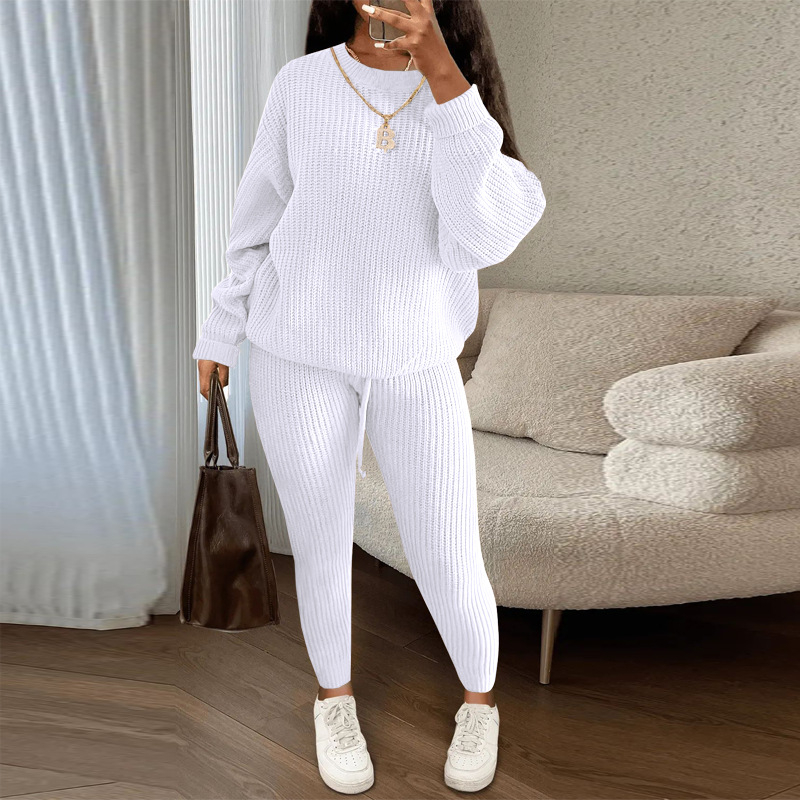 Costum tricotat pentru femei cu pantaloni, model solid, modelare la temperaturi înalte, țesătură nylon, 90–95% poliester, primăvara 2025