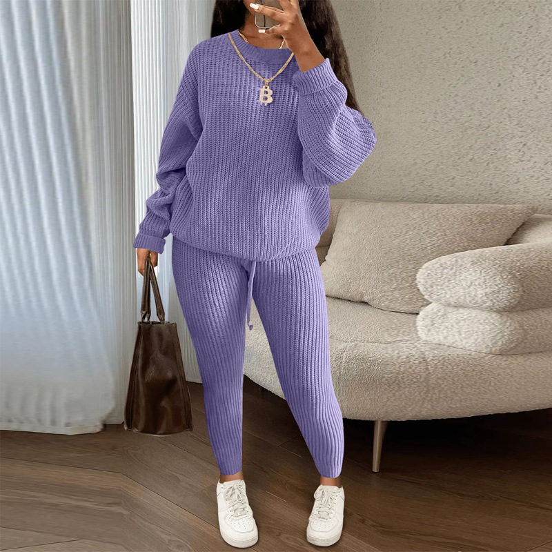 Costum tricotat pentru femei cu pantaloni, model solid, modelare la temperaturi înalte, țesătură nylon, 90–95% poliester, primăvara 2025