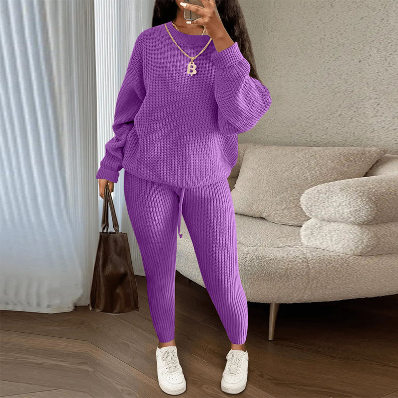 Costum tricotat pentru femei cu pantaloni, model solid, modelare la temperaturi înalte, țesătură nylon, 90–95% poliester, primăvara 2025