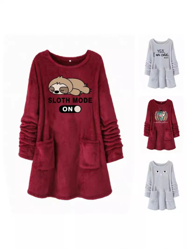 Hanorac din pluș cu imprimat cu desene animate, guler rotund, amestec poliester 30-50%, toamnă 2024