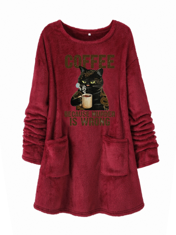 Hanorac din pluș cu imprimat cu desene animate, guler rotund, amestec poliester 30-50%, toamnă 2024