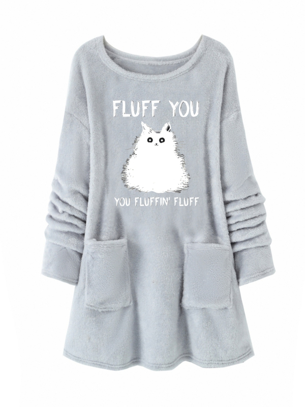 Hanorac din pluș cu imprimat cu desene animate, guler rotund, amestec poliester 30-50%, toamnă 2024