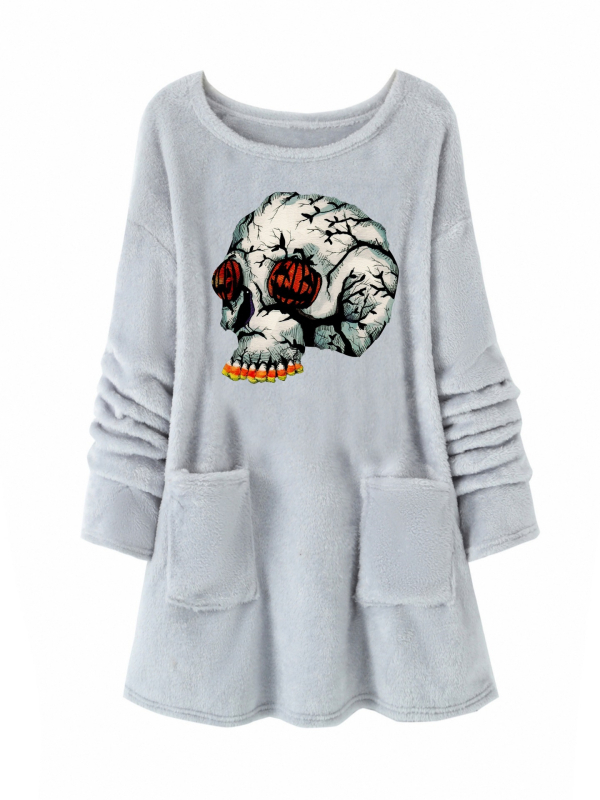 Hanorac din pluș cu imprimat cu desene animate, guler rotund, amestec poliester 30-50%, toamnă 2024