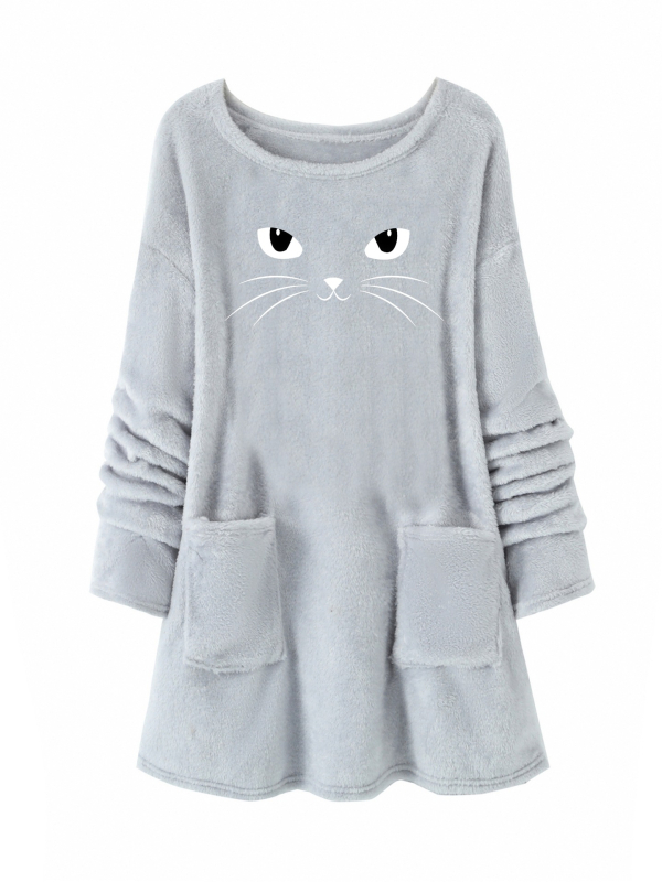 Hanorac din pluș cu imprimat cu desene animate, guler rotund, amestec poliester 30-50%, toamnă 2024