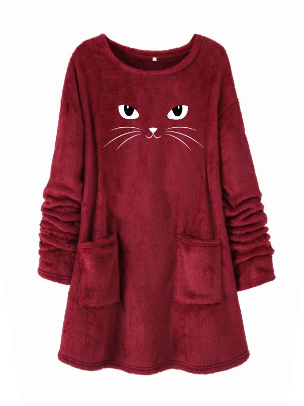 Hanorac din pluș cu imprimat cu desene animate, guler rotund, amestec poliester 30-50%, toamnă 2024