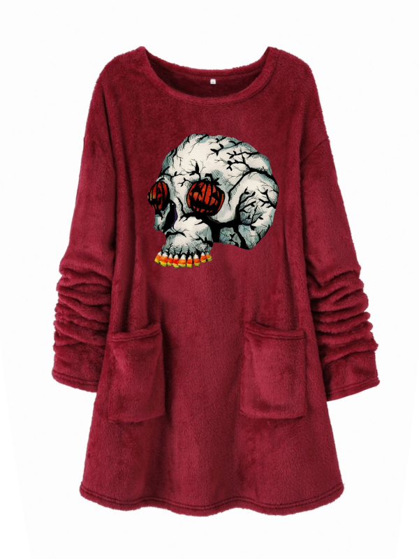 Hanorac din pluș cu imprimat cu desene animate, guler rotund, amestec poliester 30-50%, toamnă 2024