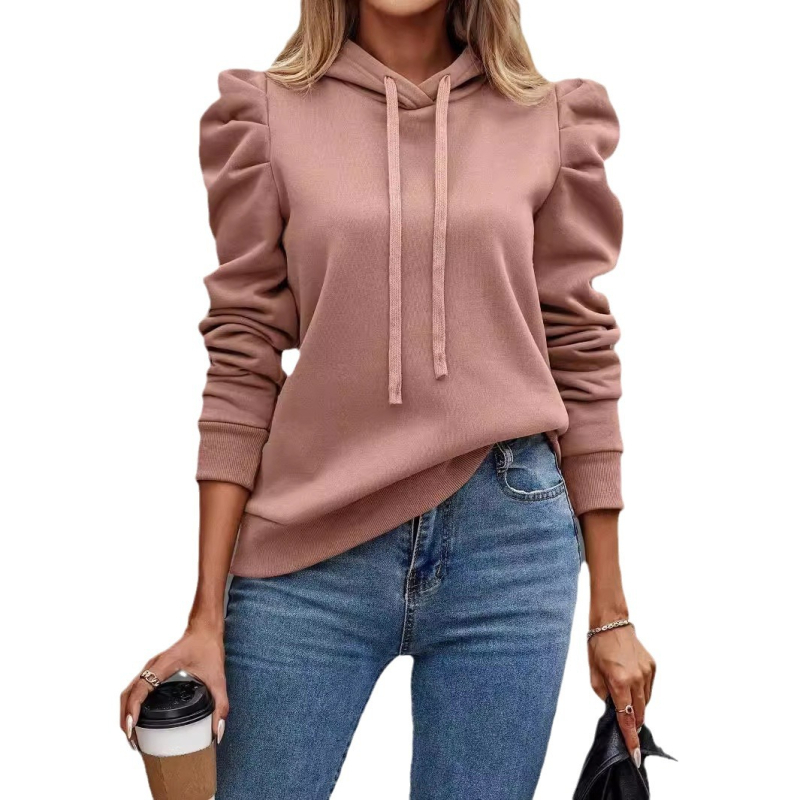 Hanorac cu glugă pentru femei, uni, mâneci bufante, amestec poliester-spandex