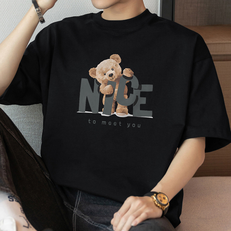 260g tiszta pamut rövid ujjú kereknyakú T-póló, laza szabás, betűs nyomás, gyűrődésmentes