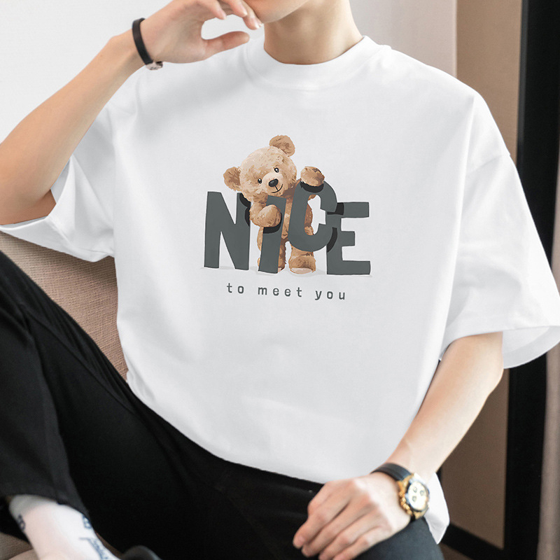 260g tiszta pamut rövid ujjú kereknyakú T-póló, laza szabás, betűs nyomás, gyűrődésmentes