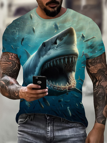 Μπλουζάκι με 3D εκτύπωση καρτούν, πολυεστερικό ύφασμα, στρογγυλό λαιμό, κοντά μανίκια, χαλαρή εφαρμογή