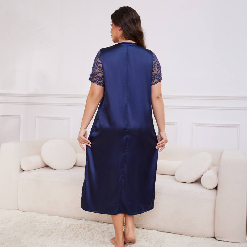 Дамска дълга нощница от симулационна коприна, V-образно деколте, три-пойнт ръкав, ултра тънка полиестерна материя