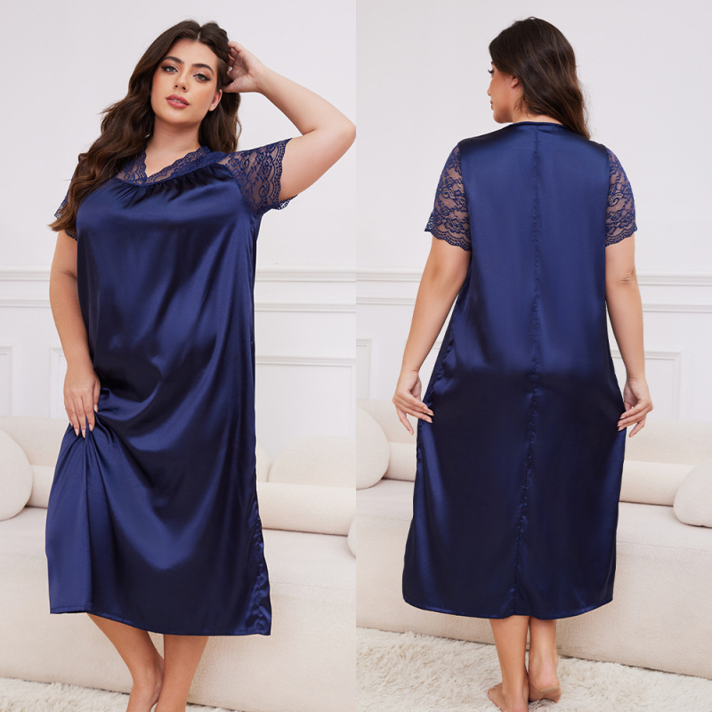 Дамска дълга нощница от симулационна коприна, V-образно деколте, три-пойнт ръкав, ултра тънка полиестерна материя