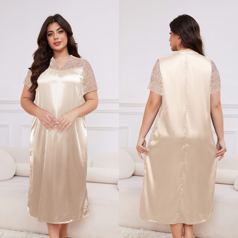 Дамска дълга нощница от симулационна коприна, V-образно деколте, три-пойнт ръкав, ултра тънка полиестерна материя